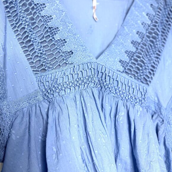 Free People Drive You Mad Blouse Medium Blue Crocheted Cropped Balloon Sleeves M - Picture 7 of 15